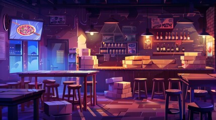 Stacks of cardboard boxes for delivery on the bar counter and stool, food and beverages in an empty pizza restaurant at night. - obrazy, fototapety, plakaty