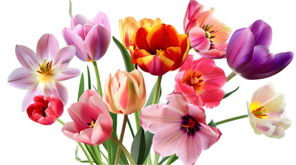 a bunch of spring flowers of different colors and sizes isolated on transparent background. PNG file