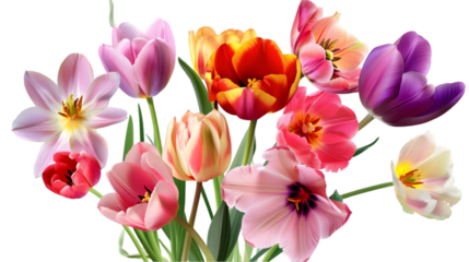 a bunch of spring flowers of different colors and sizes isolated on transparent background. PNG file