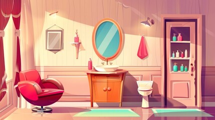 Fototapeta na wymiar Cartoon modern illustration of hairdresser's room furniture - armchair, mirror with table and drawer, sink to wash hair, wall poster. Hairdresser's shop interior equipment and cosmetics.