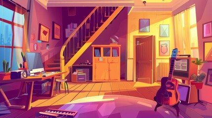 In this cartoon house or apartment interior, there is an entrance door and stairs, the office desk and cabinet with the computer, and the music area with the guitar and piano.