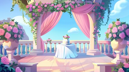 Cartoon modern illustration of outside marriage event location with rose bouquet on table and altar under arch draped with flowers.
