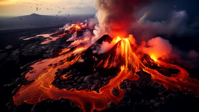 Firestorm Fury: Volcanic Eruption Ignites with Lava and Lightning