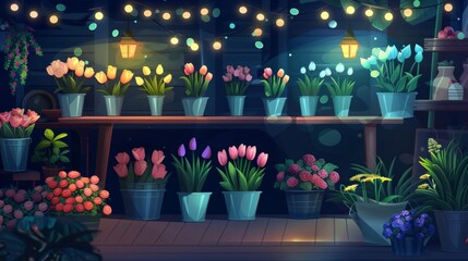 Design of an interior of a night flower shop. Modern illustration of a dark room decorated with colorful bouquets, tulips and roses in vases, green plants in pots, and garland lights.