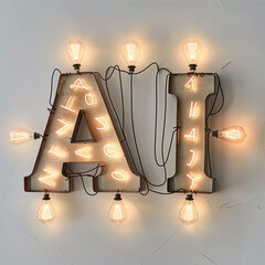 The word AI spelled out with glowing lightbulbs on bright background, ideas driven by AI.