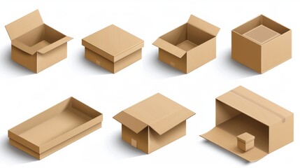 Mockup set of brown cardboard boxes isolated on white background. Modern realistic illustration of a newspaper delivery, a parcel shipment, a gift with blank surface of a brown cardboard box.