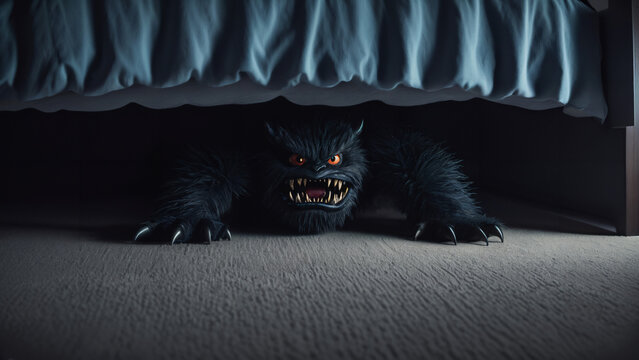 black monster with red eyes and a big mouth, the monster under the bed