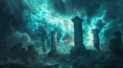 Epic Fantasy Scene with Lightning and Columns, To provide a striking and unique
