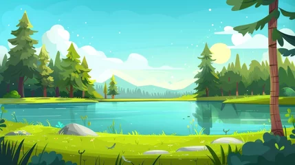Rollo Natural summer landscape with lake or river in forest on sunny day. Modern illustration of spring scene with water in pond, green grass and trees with pines, sun on sky with clouds. © Mark