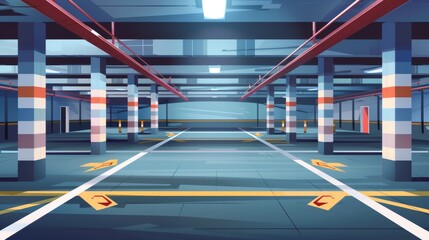 The interior of an underground car park is littered with markings and direction arrows. It is laid out with concrete floors and columns. This illustration is a cartoon modern illustration of a public