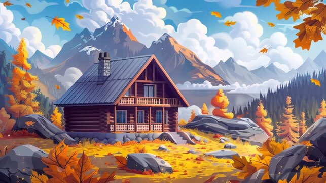 Cartoon illustration of a cozy chalet in a mountain valley in autumn. The house has an open porch and chimney on the roof, leaves are flying in the wind, and rocky peaks are framed by cloudy skies.