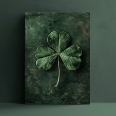 a four-leaf green clover on a green book, showcasing the design and beauty of nature on an embossed green wall