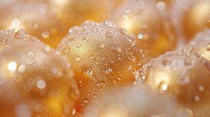 A close-up shot of golden Christmas balls adorned with dew drops, surrounded by a magical bokeh light effect, conveying the warmth and sparkle of the holiday season - obrazy, fototapety, plakaty