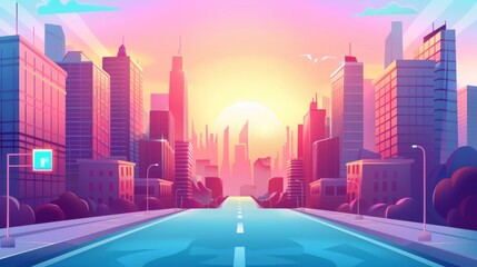 An abstract sunrise or sunset cityscape with high-rise buildings housing apartments, offices and shops. A modern town street with pink sun light. A downtown cityscape with a highway in the distance.