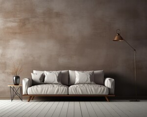 gray sofa in brown living room with copy space