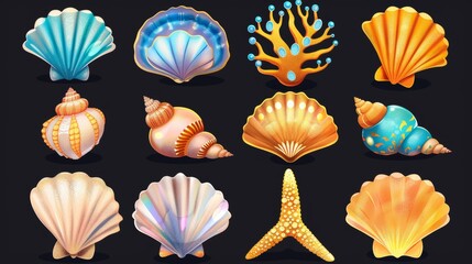 Gold and pearl seashells isolated on black background. Modern cartoon illustration of scallop shell with treasure inside, game rank icons, marine beach or aquarium seabed design elements. - obrazy, fototapety, plakaty