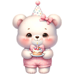 Cute bear is holding a cake 