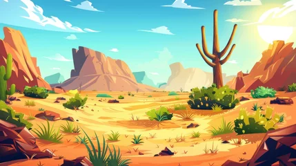Foto op Canvas A cartoon illustration of drought sandy scenery with wild cacti and grass in the Arizona desert. Cartoon modern illustration of brown rock, sand dune hills, green cactus, and dry tree in the bright © Mark