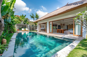 Fototapeta na wymiar A wide-angle photo of a modern bungalow villa with a pool in a tropical country. Large glass windows and doors overlook the garden and swimming pool, with outdoor seating