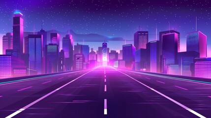 A road with neon lights leads to a city with multi-storey buildings at night. Modern landscape with asphalt highway leading into the town. Purple cityscape with skyscrapers and streetlights.