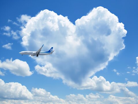 A blue and white airplane flying through a cloud shaped like a heart. The sky is clear and blue, and the clouds are fluffy and white. The heart shape is the main focus of the image