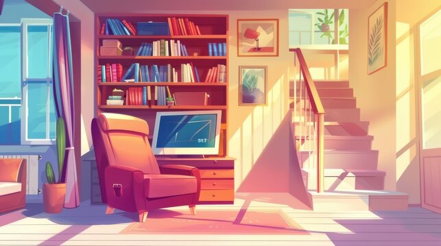 This modern illustration shows a large living room with armchair and working space, books on shelves, a computer on the desk, stairs leading upstairs, and daylight in the windows.