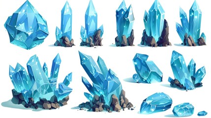 UI design of clusters of blue gem stones for game level rank. Cartoon RPG assets of growing pile of diamond raw material rocks. Modern illustration of mining treasure and jewels. - obrazy, fototapety, plakaty