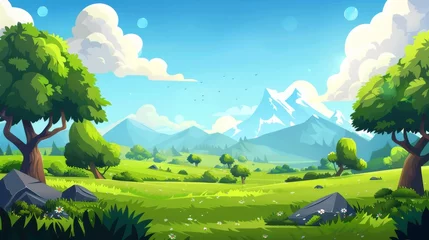 Fototapeten Cartoon modern panorama with grassland near hills, blue sky with clouds, in a summer natural landscape with green grass, bushes and trees on a meadow in the foothills of high mountains. A rural scene © Mark