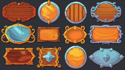An illustration set of medieval interface design deco frames for avatars and menus. Golden, wooden and silver round and rectangular borders with curling edges.
