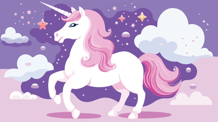 Naklejka na ściany i meble Pink unicorn on purple background flat vector 