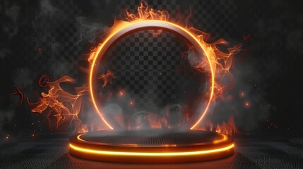 An alien space platform on a futuristic podium with orange light portal effect, isolated on transparent background. Modern representation of a sci-fi game teleport with hot smoke, shimmering - obrazy, fototapety, plakaty