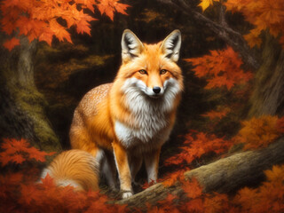 Painting of a fox in the autumn forest