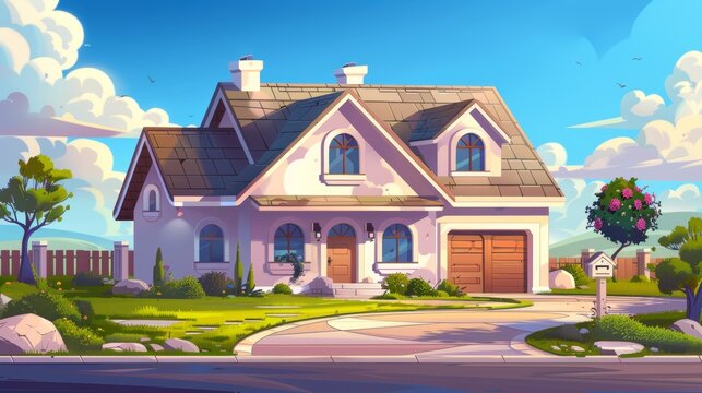 A suburban and village private house with windows and doors, a roof with chimney and garage. Cartoon modern illustration set showing the front view of a large family home.
