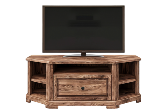 Wooden Entertainment Center With Flat Screen TV. On a Transparent Background. - Powered by Adobe
