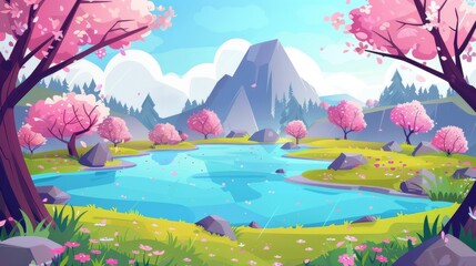 Fototapeta na wymiar The image illustrates a natural spring landscape with a lake surrounded by blossoming cherry trees and mountains. The modern image is a cartoon forest with woods, daisies, and blue water in a pond.