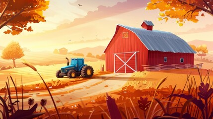 This cartoon autumn farm landscape features a red wooden barn and a blue tractor on the road in the field. The setting is a rural fall agriculture landscape with a yellow and orange sky. A ranch with - obrazy, fototapety, plakaty
