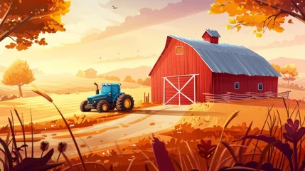 Poster This cartoon autumn farm landscape features a red wooden barn and a blue tractor on the road in the field. The setting is a rural fall agriculture landscape with a yellow and orange sky. A ranch with © Mark