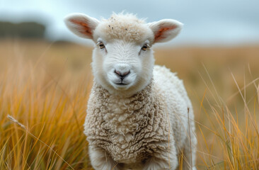 Lamb stands in field of tall grass