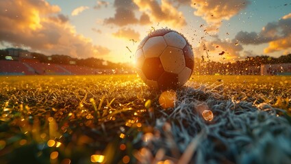 Dynamic soccer player scoring a goal at sunset, crowd cheering, vibrant colors, high energy