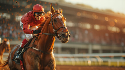 Horse racing intensity, speed, close-up on horse and jockey, crowd excitement - obrazy, fototapety, plakaty