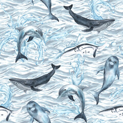 Dolphins and Whales watercolor, nature background, seamless pattern. Hand drawn illustration. For fabric, textile, wallpapers, design.