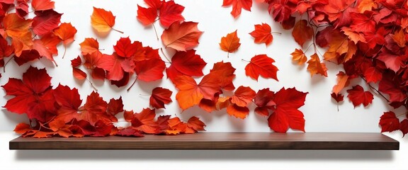 Autumn leaves background. Autumn background with wooden planks. Autumn podium.