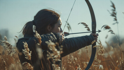 Archer focusing on the target, precision, calmness, natural setting - obrazy, fototapety, plakaty