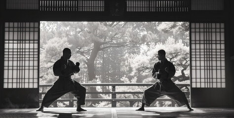 Martial arts training, focus, strength, traditional dojo setting