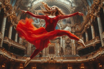 Talented ballerina dancing in a luxurious, ornate opera hall, with stunning architecture and warm lighting