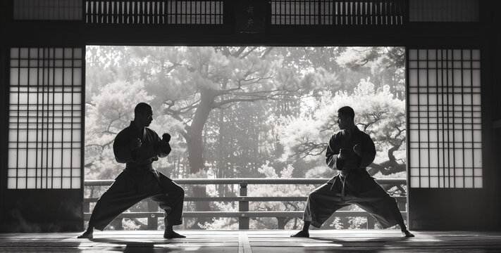 Martial arts training, focus, strength, traditional dojo setting
