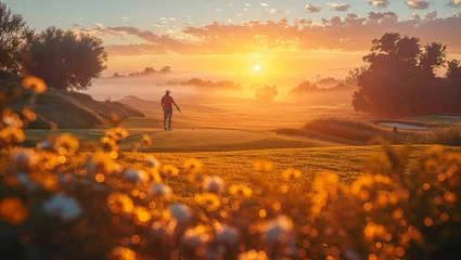 Zelfklevend Fotobehang Golf course at dawn, player focusing on the perfect swing, serene landscape © akarawit
