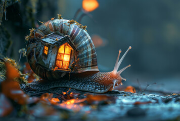 Snail with lantern in shell and the little house - obrazy, fototapety, plakaty
