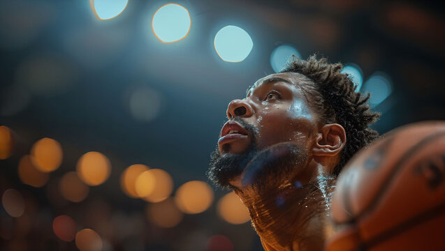 Basketball game-winning shot, intense focus, dramatic lighting, crowd anticipation