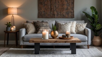 Inviting apartment living room with a modern bohemian flair, showcasing a light gray settee, ornamental pillows, a timber table with candle decor, and natural embellishments Generative AI - obrazy, fototapety, plakaty